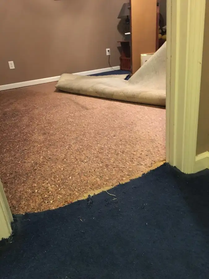 Carpet pad removal revealing water damage during Drying & Dehumidification in Justin